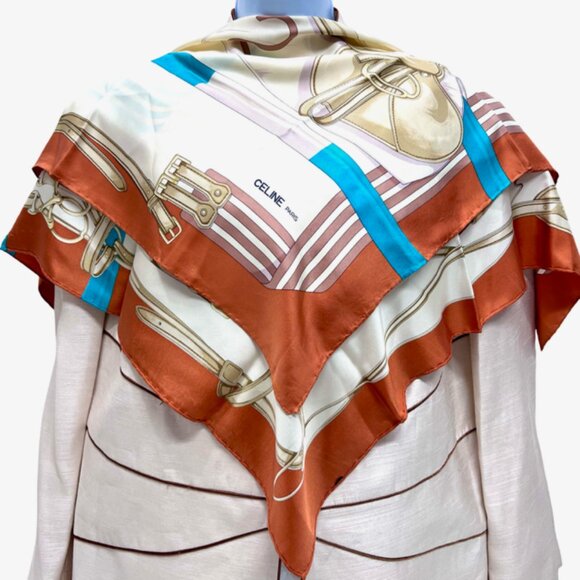 Vgt Celine Paris 100% Silk Scarf Satin 30" ivery beige orange  blue belt (40 - Picture 3 of 8